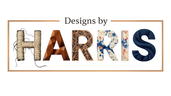 Text 'Designs by HARRIS' with decorative letters on a white background